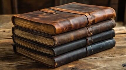 Aged Leather Journals Stacked on Rustic Wood