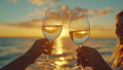 Two wine glasses on ship deck with ocean view