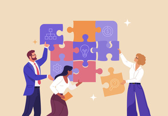 Business Teamwork concept. Contemporary flat style abstract vector illustration of diverse people putting together puzzle details. Isolated on background.