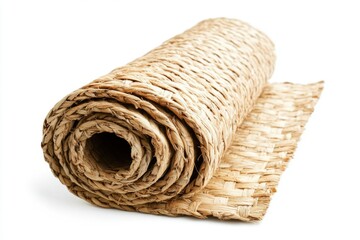 Obraz premium Rolled-up woven straw mat with natural finish isolated on white background, eco-friendly textured floor covering or picnic accessory