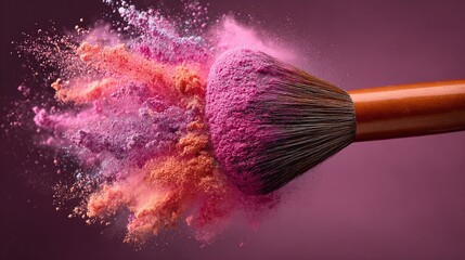 Cosmetic brush amidst a colorful explosion of powder. Art, beauty, makeup, and creativity come together in this dynamic image.