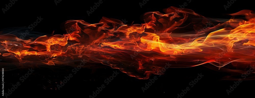 Poster fiery symphony of particles: an abstract composition of swirling, fiery particles dances against a d