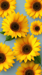 Obraz premium A bright and cheerful arrangement of sunflowers with vibrant yellow petals and dark centers creates a summery and uplifting mood on a pale blue background.