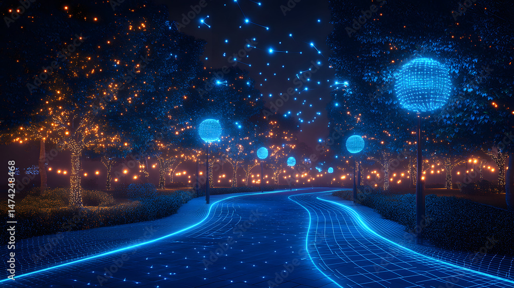 Poster Night park scene featuring luminous pathways and trees adorned with warm and cool lights, creating a modern atmosphere. A digital display of nature's beauty. Abstract wireframe in dark blue.