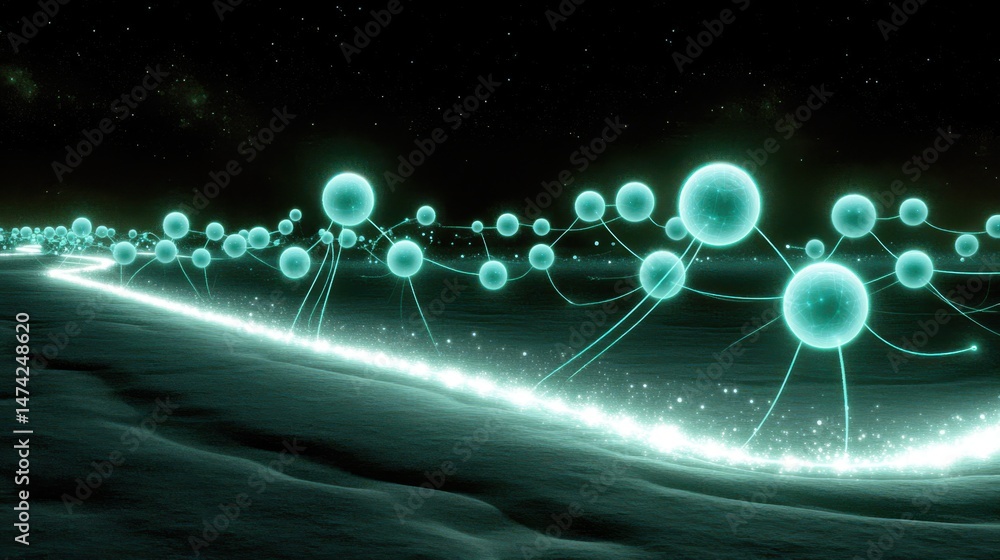 Poster abstract representation of glowing particles connected by luminous strands on a dark cosmic backgrou