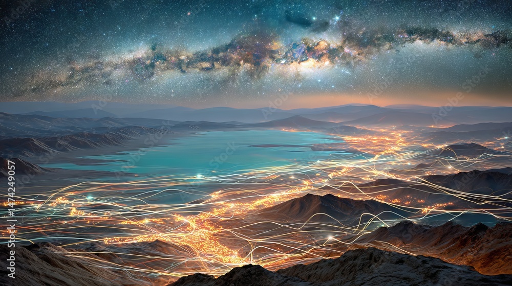 Poster a 3d wave landscape representing network technology and communication within the metaverse and cyber