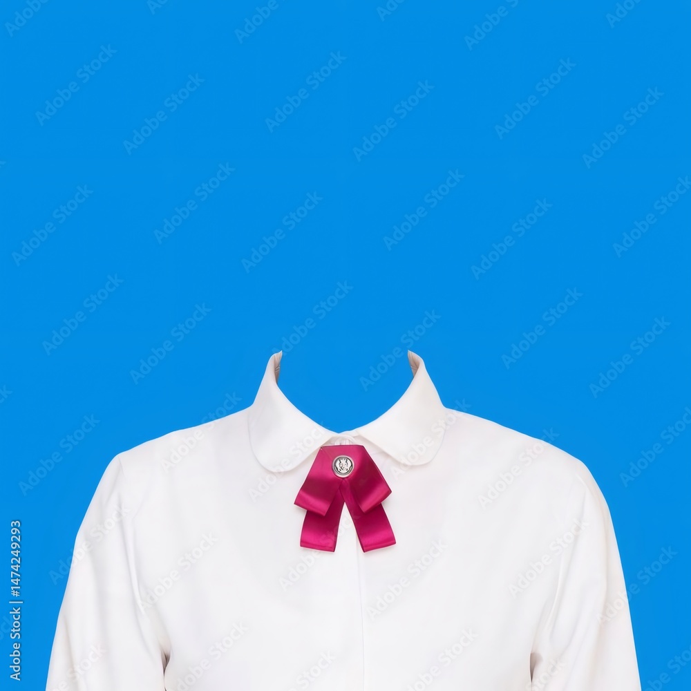 Poster 鮮やかな青色の背景に緋色のリボンが付いた白いシャツ 女性の服やアクセサリーのクローズアップ 写真撮影用のシンプルな背景コンセプト
