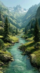 Obraz premium Majestic mountain landscape with river flowing through lush green valleys under a clear blue sky