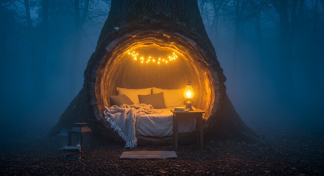 Tree trunk bed with lantern in misty forest - Powered by Adobe