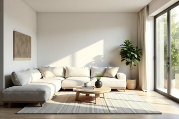 Serene minimalist living room Neutral tones, simple furniture, natural light , clean, peaceful, living room