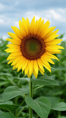 A vibrant sunflower stands tall with its bright yellow petals and dark center, surrounded by a field of green foliage under a cloudy blue sky on a summer day.