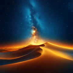 Gordijnen Vast desert landscape under a vibrant night sky with a magnificent Milky Way galaxy © Fc