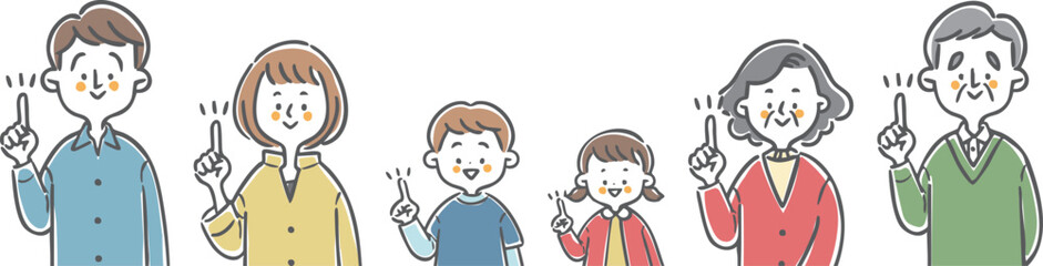指差しをする家族三世代　上半身　ベクター
