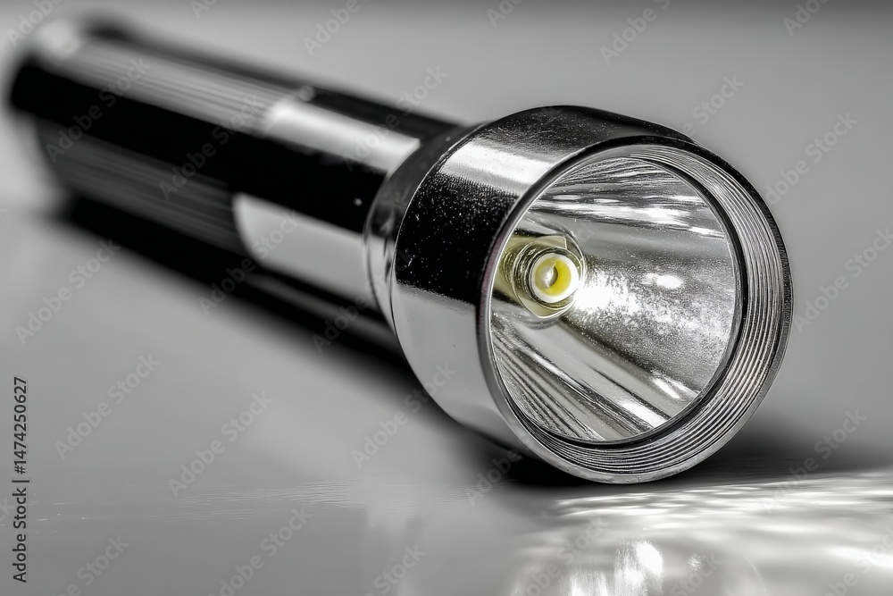Poster bright led flashlight rests on a smooth surface in a dimly lit room, ready for use during a nighttim