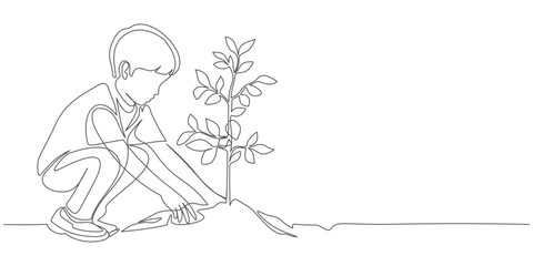 Continuous single line sketch drawing of watering can plant tree seedling growth. One line art of nature agriculture farming © sense