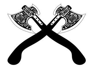 Crossed Viking battle axes with Celtic patterns on the blades. Illustration of two Viking axes with decorative carvings and patterns. Symbol of strength, belligerence and Norse mythology.
