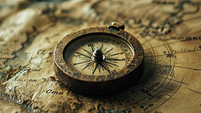 A close-up of a rustic compass lying on a vintage map with detailed markings digital