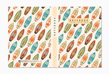 Notebook graphic design template with surfing boards pattern. Surfboards creative notebook covers idea. Vector illustration.