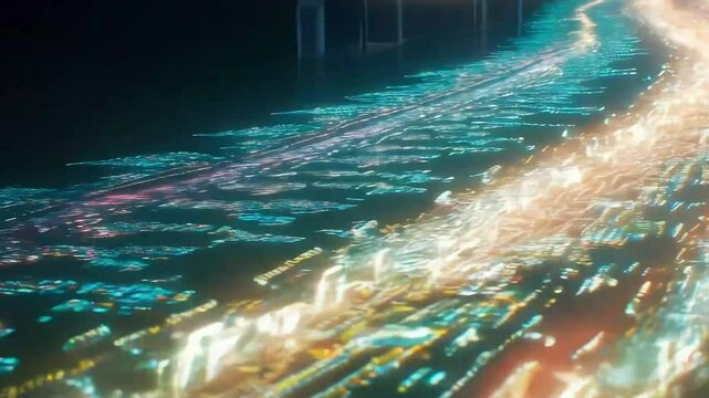 Big data particles waves flowing in abstract technology background. Digital energy motion, futuristic data visualization in tech concept design.

