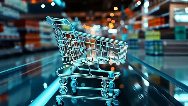 A transparent shopping cart on a reflective surface in a vibrant supermarket aisle filled with products