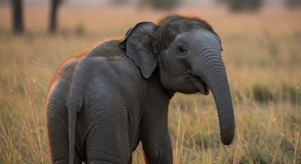 Fototapeta premium Baby Elephant Standing in Tall Grass During Golden Hour