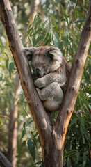 Peaceful Koala Sleeping in Eucalyptus Tree