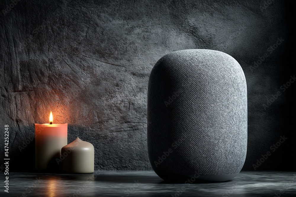 Aufkleber stylish home speaker beside lit candles creating a cozy atmosphere in a dimly lit setting