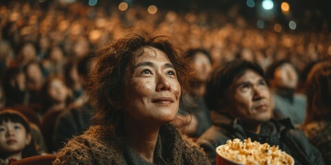Audience captivated by a film during a late-night screening at a theater filled with laughter and excitement