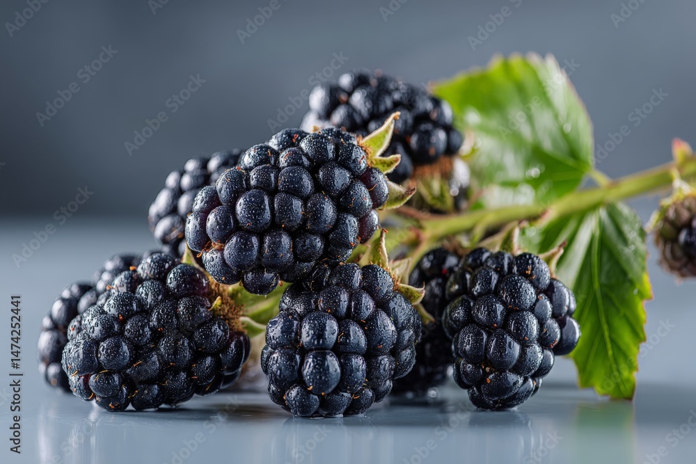 Poster fresh blackberries arranged on a table with green leaves under soft lighting during the afternoon