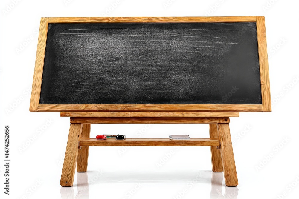 Poster blackboard stands ready for teaching in a classroom setup at midday with chalk and markers nearby fo