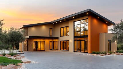 Modern architectural design of a stylish house with large windows surrounded by greenery at sunset