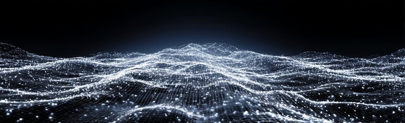 A 3D cartoon rendering illustrates an abstract landscape in a dark setting, complete with a star-filled horizon, a cyberspace grid, and an advanced network positioned in outer space, complemented by