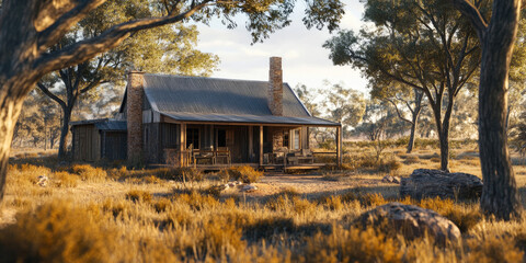 Rustic Cabin in Dry Grassland Stock Photo of Old Wooden House in Australian Outback