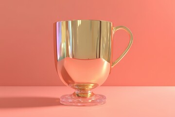Golden, metallic, pedestal mug,  against a peach background.
