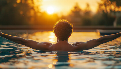 Relaxed man in swimming pool enjoying summer water