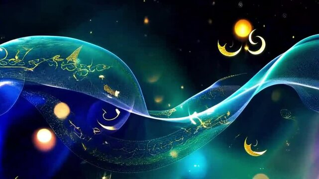 Abstract Celestial Symphony: An ethereal, painterly vision of a celestial dreamscape, composed of luminous blue and green waves adorned with golden accents.