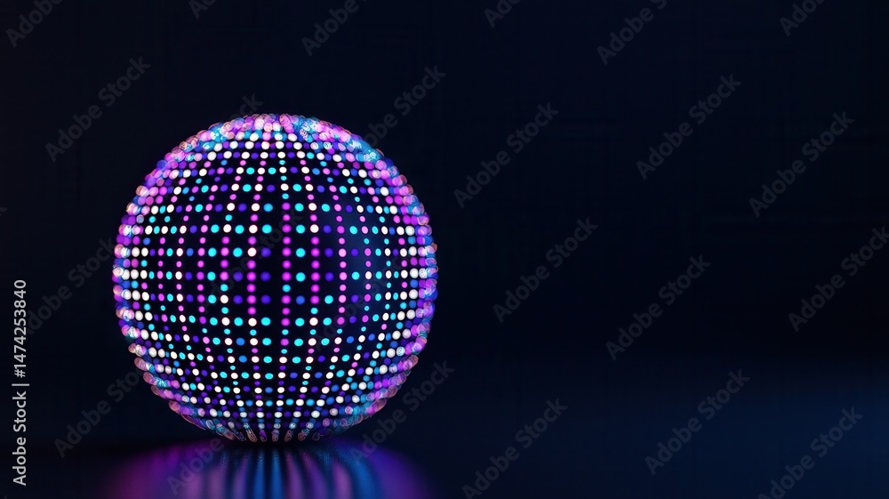 Poster holographic globe made of colorful dots rotating in a dark empty space, perfect for technology and c