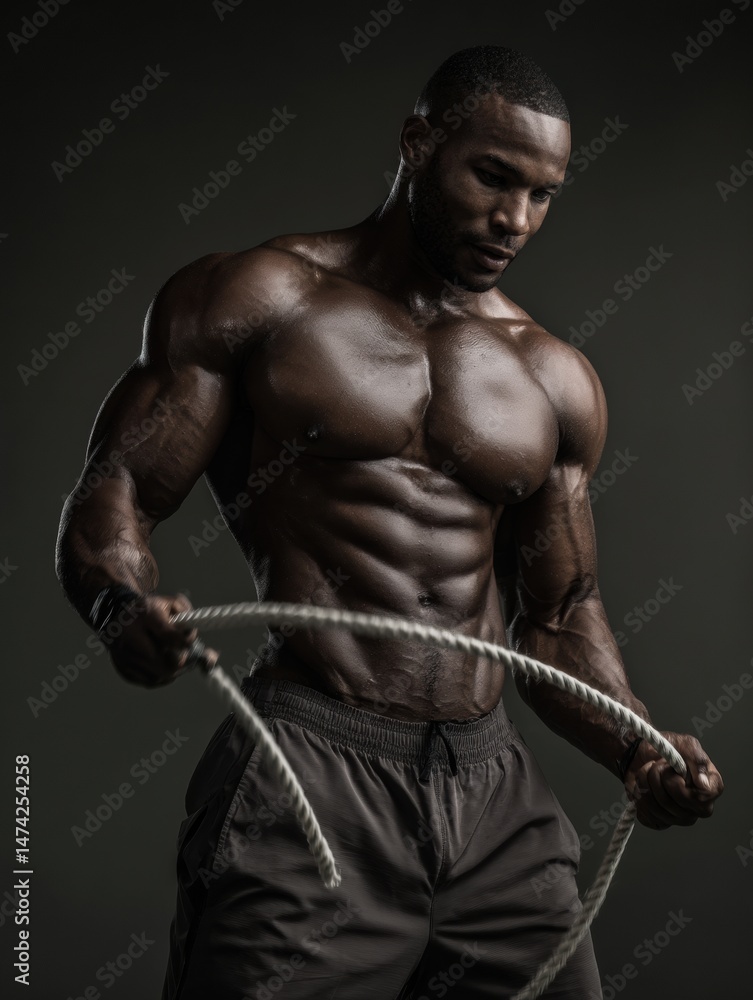 Aufkleber Training With a Rope in a Gym With Visible Upper Body Muscles and Focused Expression During a Dynamic Workout Session