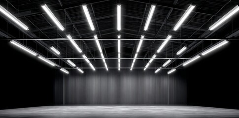 A 360-degree full panorama environment featuring a black minimalistic studio with bright lights and reflections, presented as a 3D render illustration in HDRI and HDR for virtual reality and VR