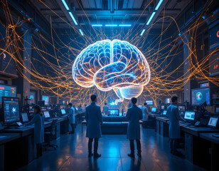 Obraz premium Futuristic AI Laboratory – Holographic Brain & Neural Networks Visualization
