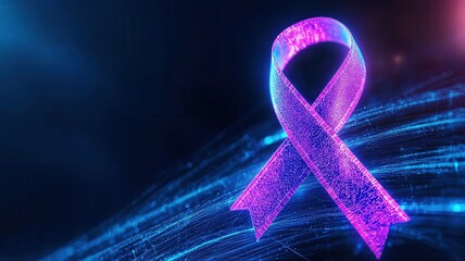 Purple awareness ribbon streaming digital data, symbolizing cancer research and medical advancement