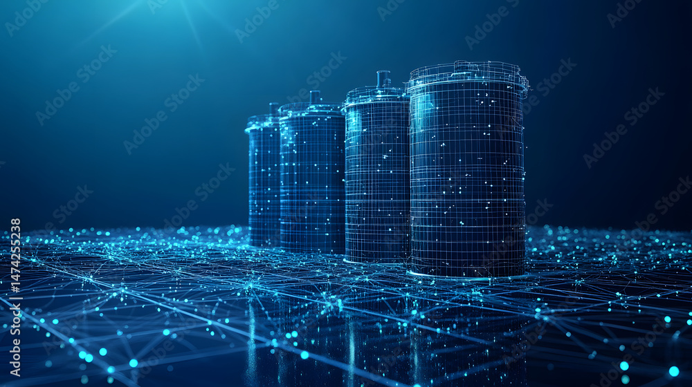 Fototapete Futuristic wireframe containers glow atop a networked platform, illuminated against a dark blue gradient. A visually captivating abstract rendering, Abstract wireframe in dark blue.