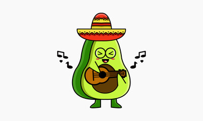Cute Cartoon Avocado Character in Sombrero Playing Guitar, a Fun and Festive Mexican Food Mascot Illustration for Celebrations and Joyful Designs