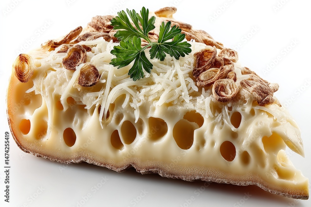 Poster delicious cheese with herbs and nuts displayed on a white backdrop, showcasing its unique texture an