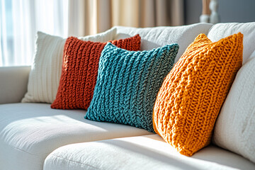 Colorful knitted cushion placed on modern sofa