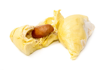 Mon Thong durian pulp with visible seed a popular Thai fruit known for its creamy texture and strong aroma isolated on white background