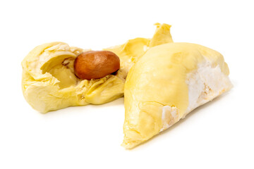 Mon Thong durian pulp with visible seed a popular Thai fruit known for its creamy texture and strong aroma isolated on white background