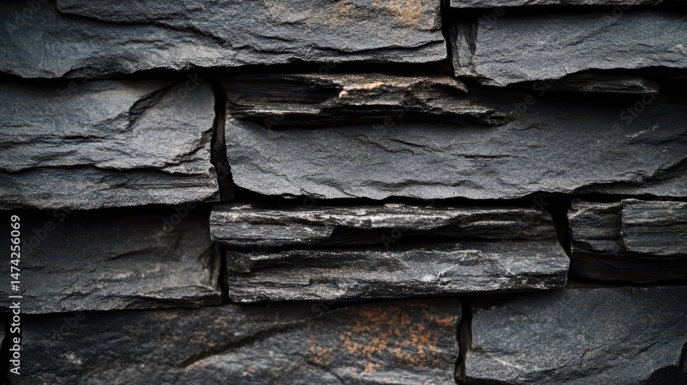 Poster close-up on a dark stacked slate stone wall with rough texture and some spots. useful for rustic bac