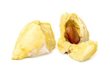 Mon Thong durian pulp with visible seed a popular Thai fruit known for its creamy texture and strong aroma isolated on white background