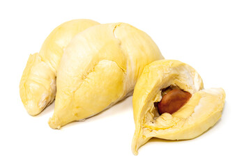 Mon Thong durian pulp with visible seed a popular Thai fruit known for its creamy texture and strong aroma isolated on white background